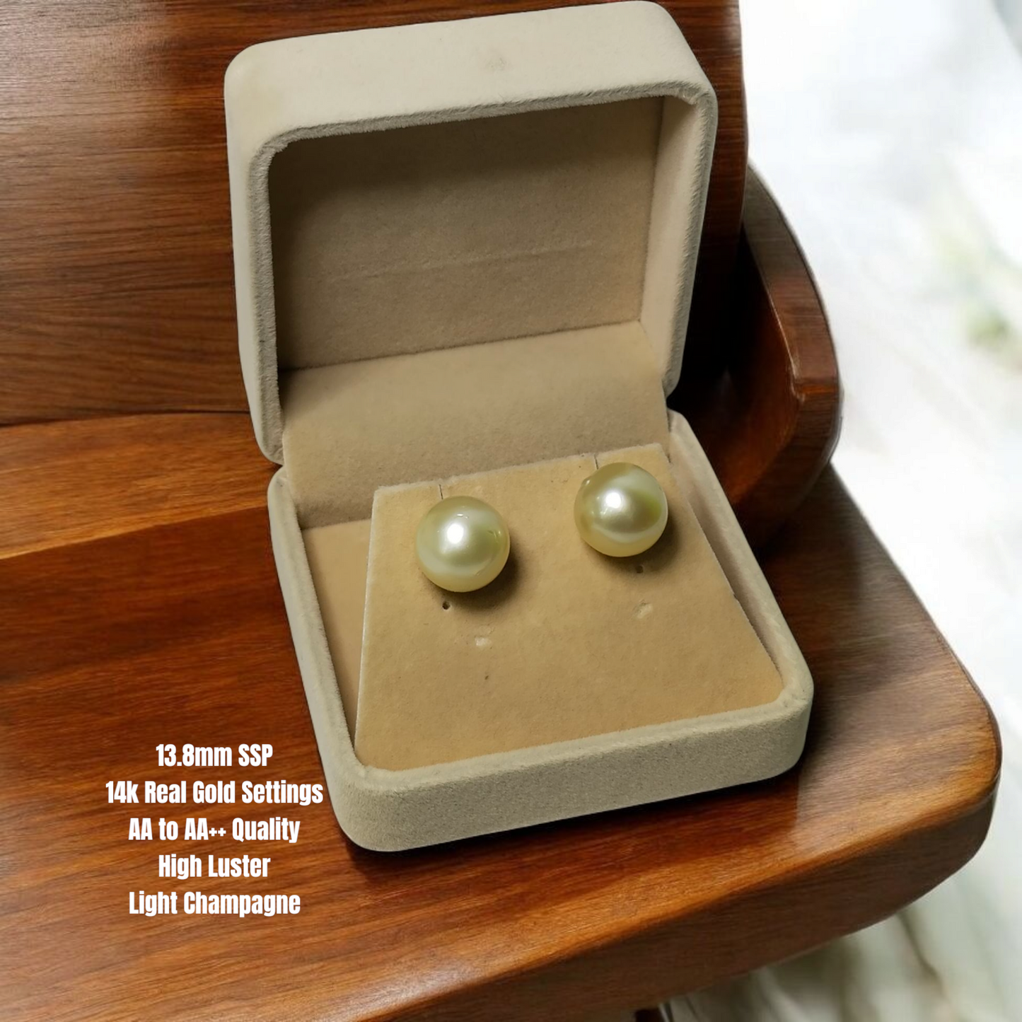 New Arrival! 13.8mm Authentic Light ChampagneColor South Sea Pearls Earrings in 14K Gold Settings