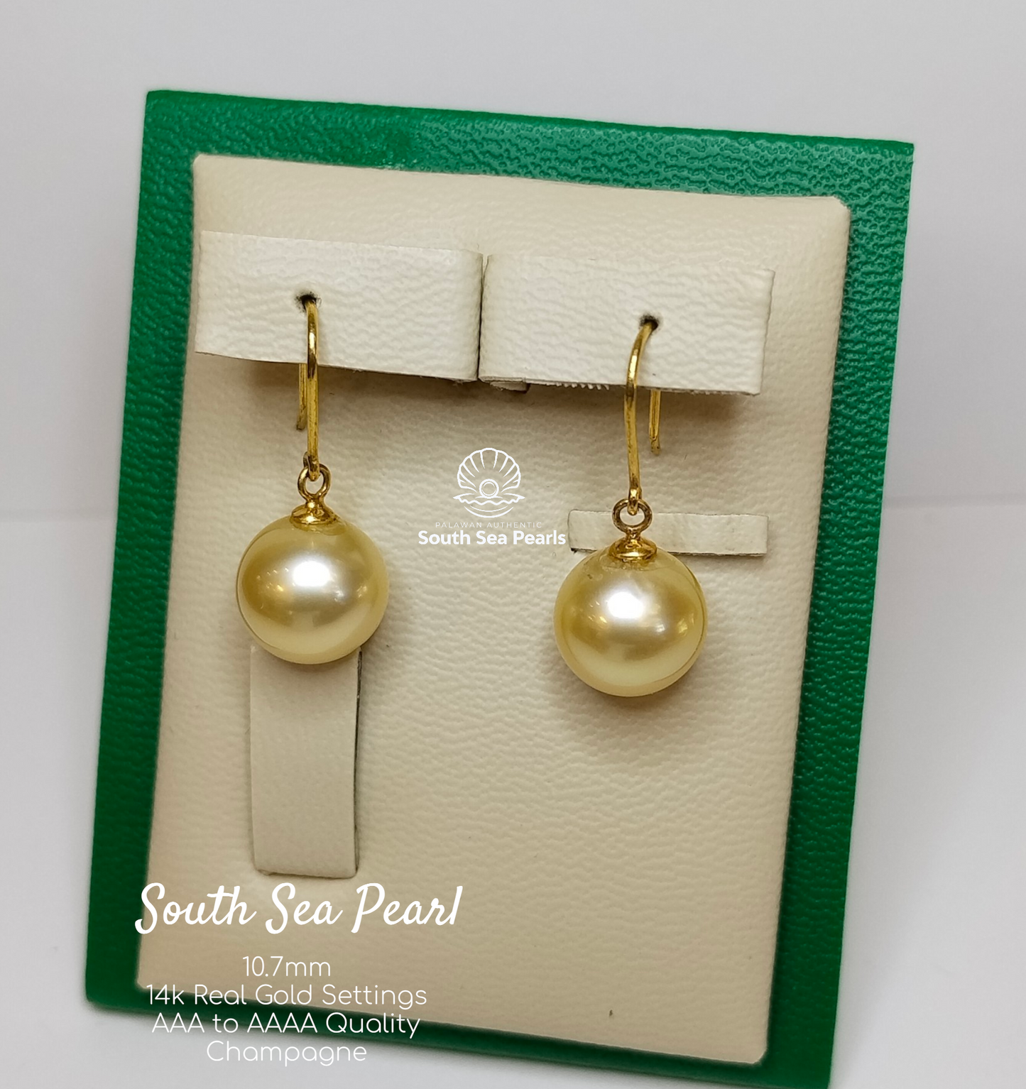 10.7mm Palawan Authentic Champagne Color South Sea Pearl Earrings in 14k Real Gold Settings