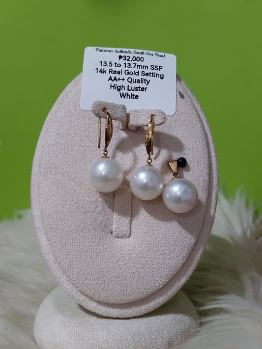 13.5mm to 13.7mm Authentic White South Sea Pearl Sets in 14k Real Gold Settings