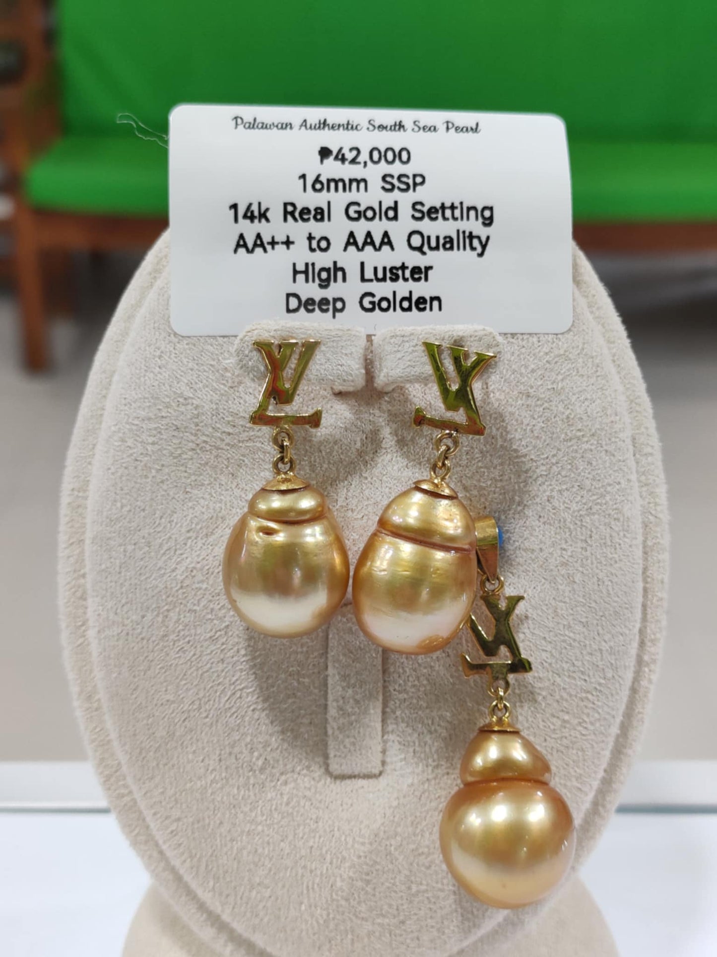 16mm Authentic Deep Golden Color South Sea Pearls Sets Special Design in 14k Real Gold Settings