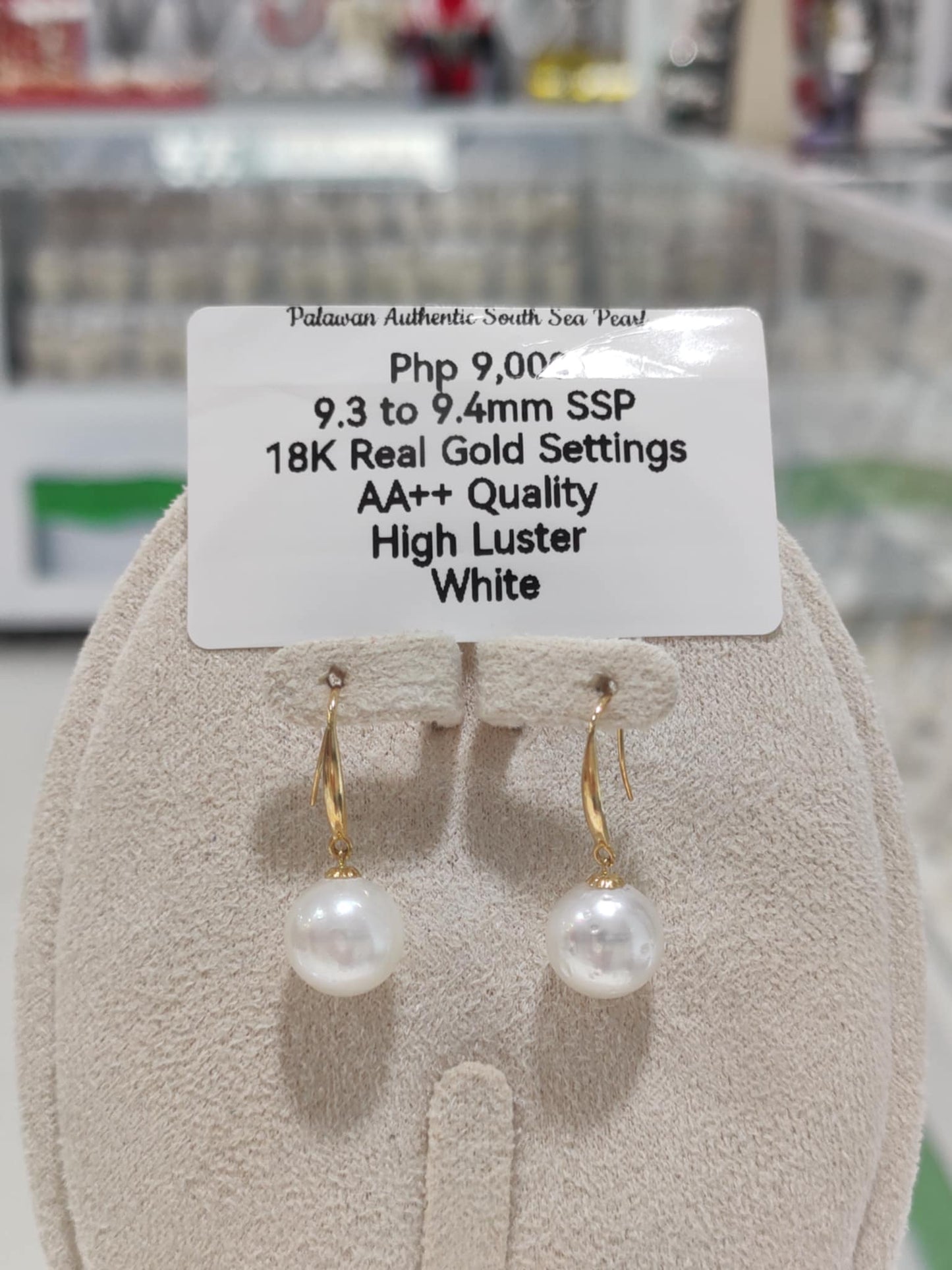 9.3mm to 9.4mm Authentic White South Sea Pearls in 18k Real Gold Settings