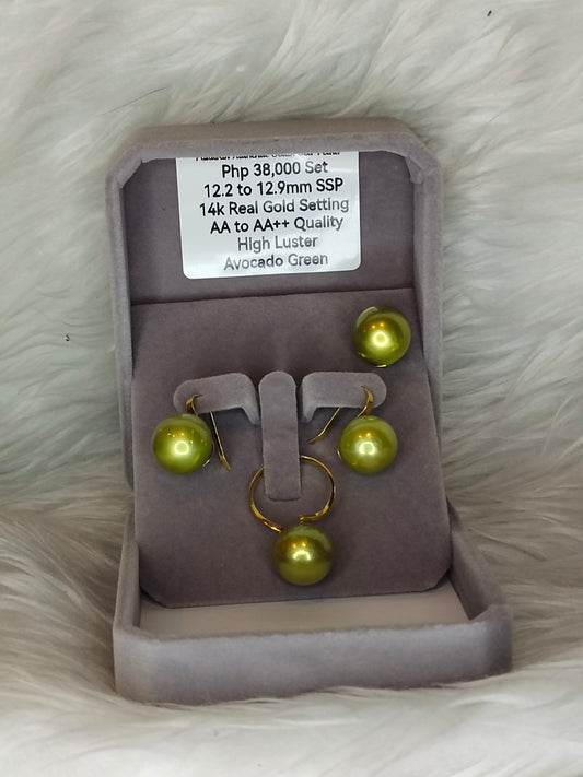 12.2mm to 12.9mm Authentic Avocado Green Color South Sea Pearl Sets in 14k Real Gold Settings