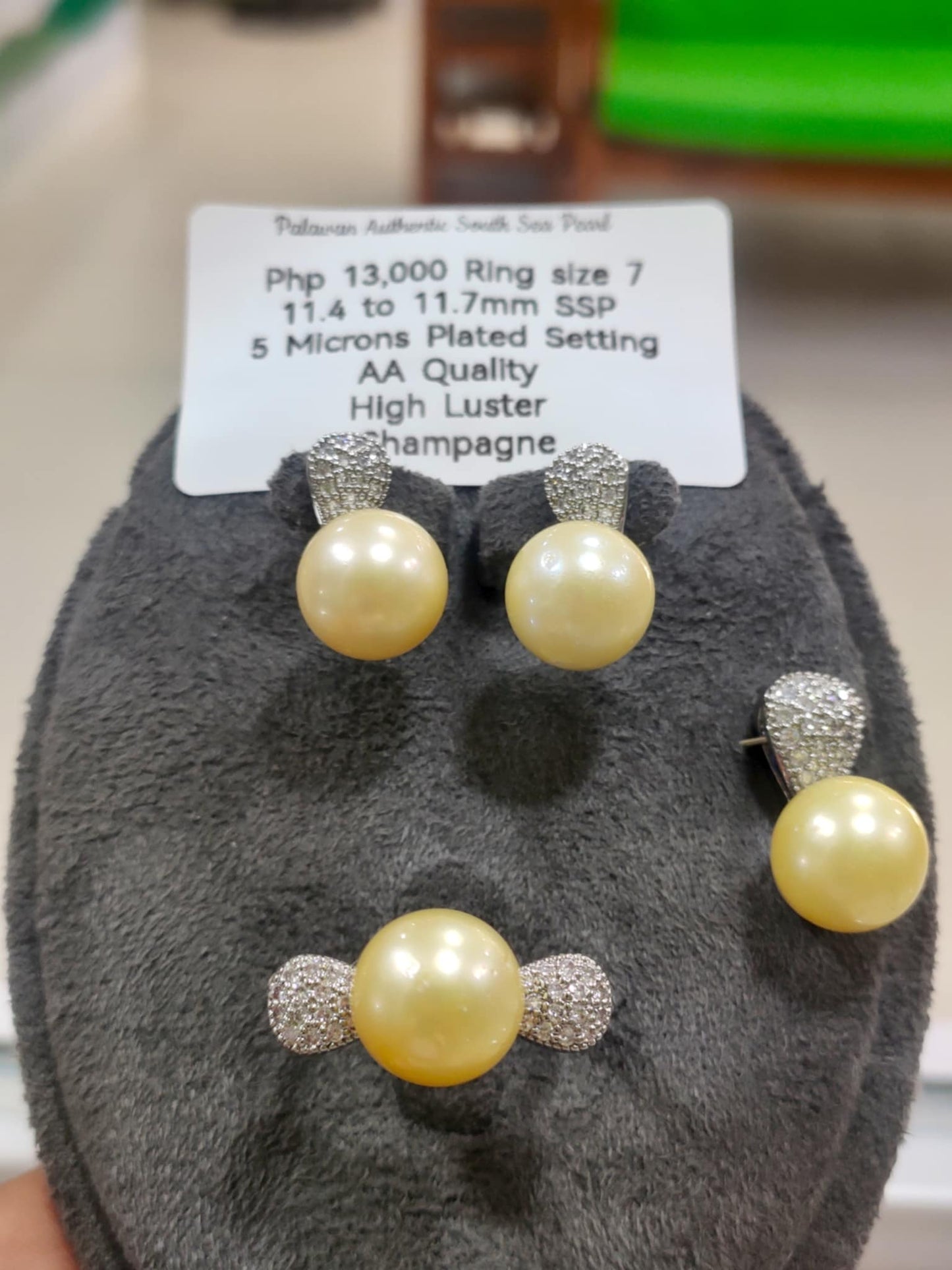 11.4mm to 11.7mm size 7 Authentic Champagne Color South Sea Pearls Sets in 5 Micron Plated Settings