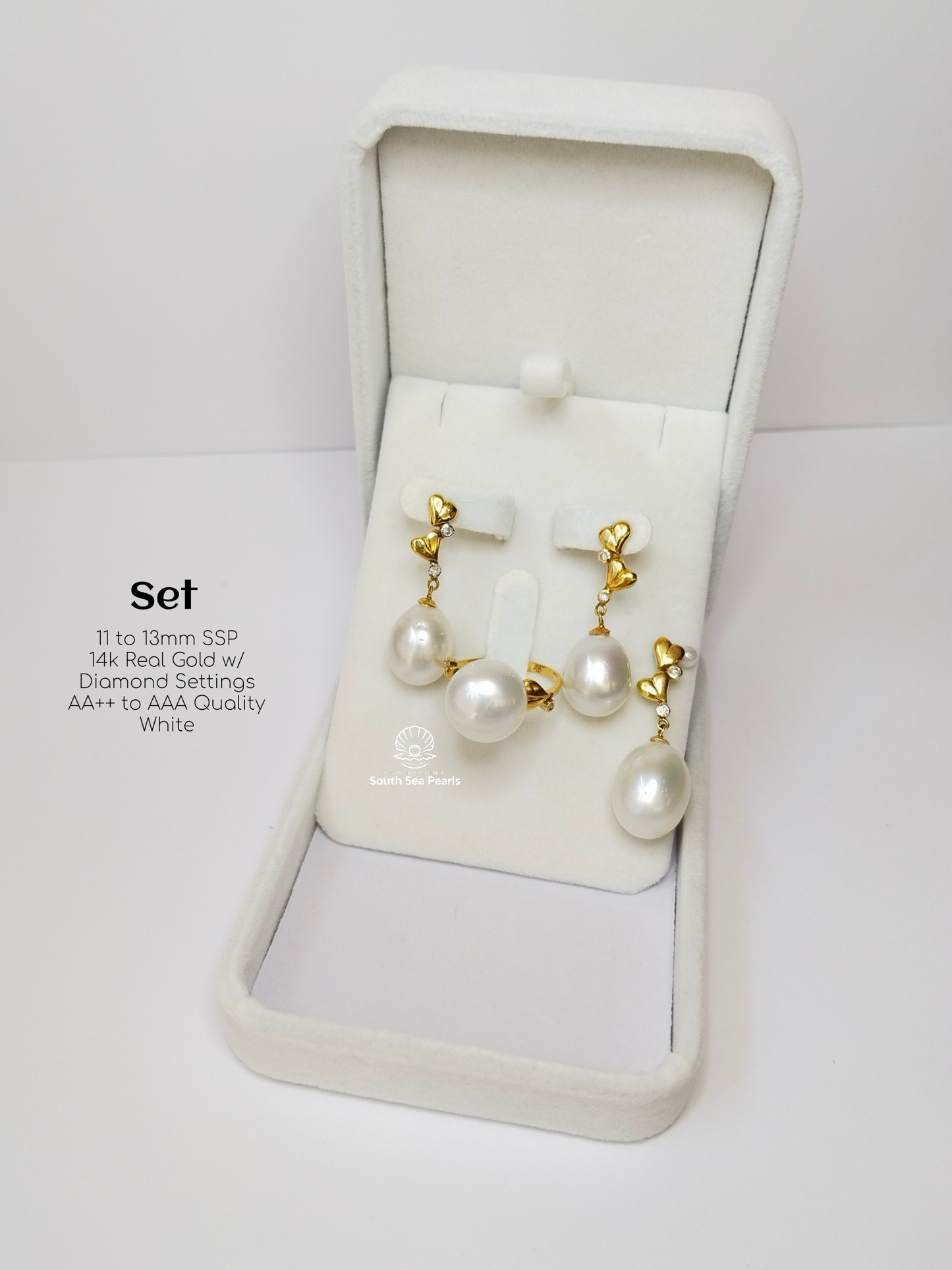 11mm to 13mm Palawan Authentic White Color South Sea Pearl in 14k Real Gold and Diamonds