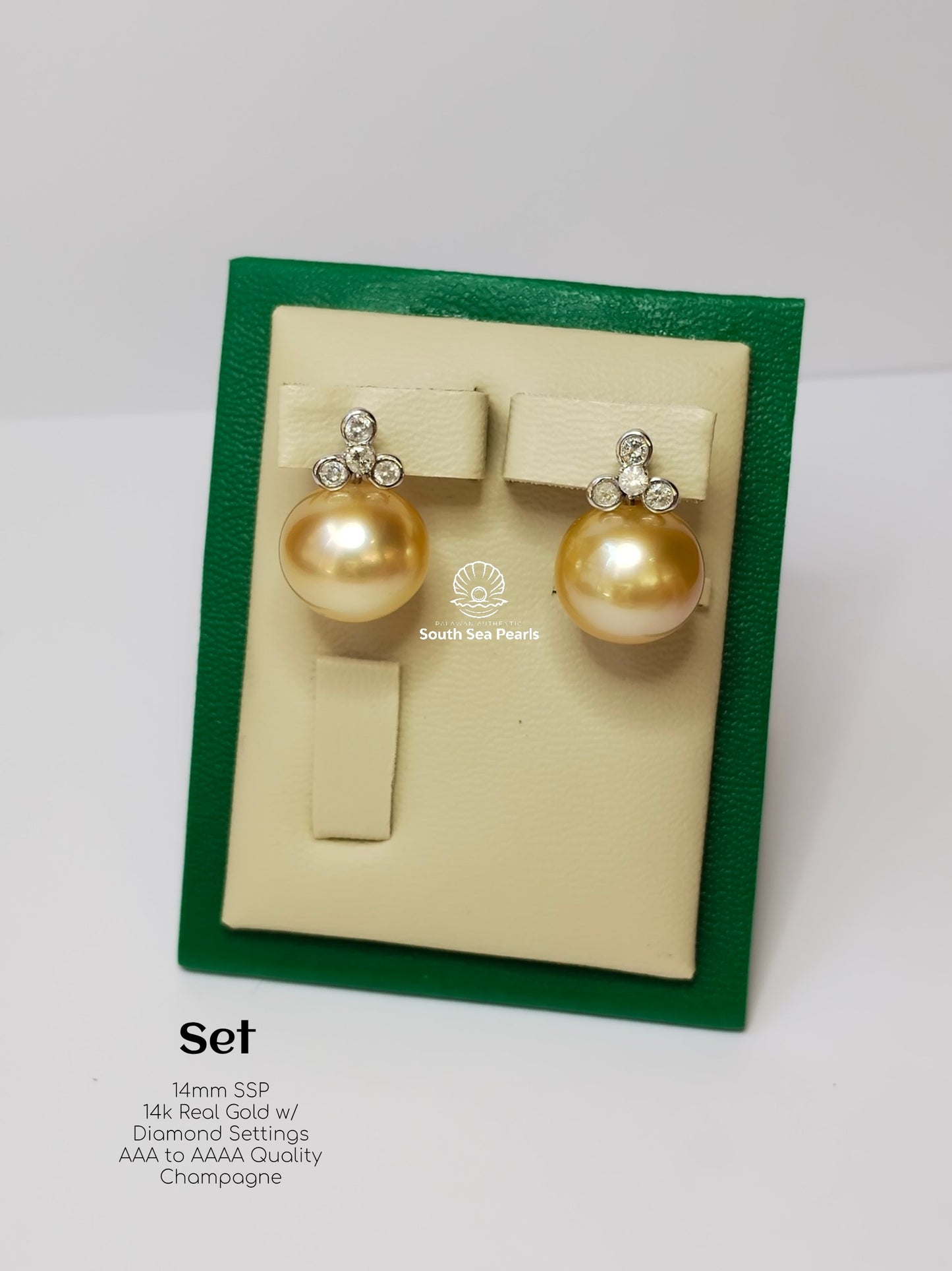 14mm Palawan Authentic Champagne Color South Sea Pearl in 14k Real Gold and Diamonds