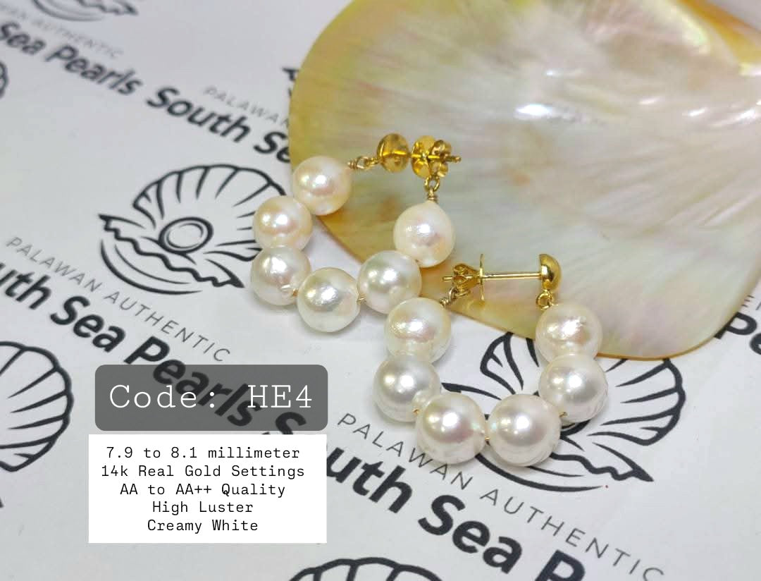 New Arrival! 7.9mm to 8.1mm Authentic Creamy White Color South Sea Pearls Earrings in 14k Gold Settings