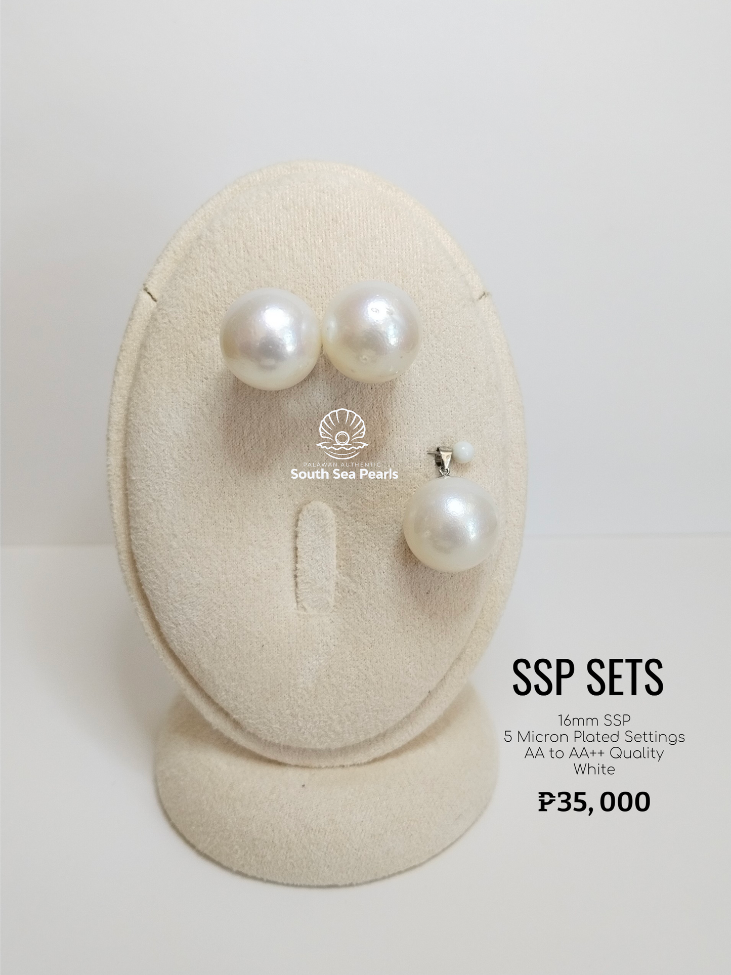 16mm Palawan Authentic White Color South Sea Pearl Sets in 5 Micron Plated Settings