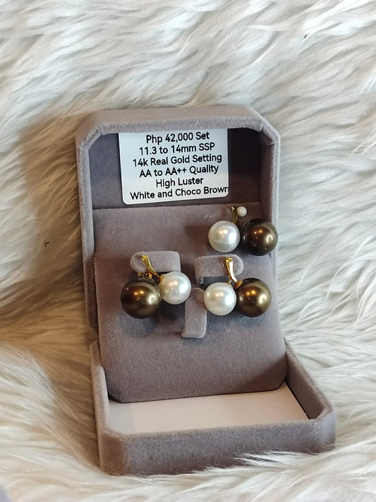 11.3mm to 14mm Authentic White and Choco Brown Color South Sea Pearl Sets in 14k Real Gold Settings