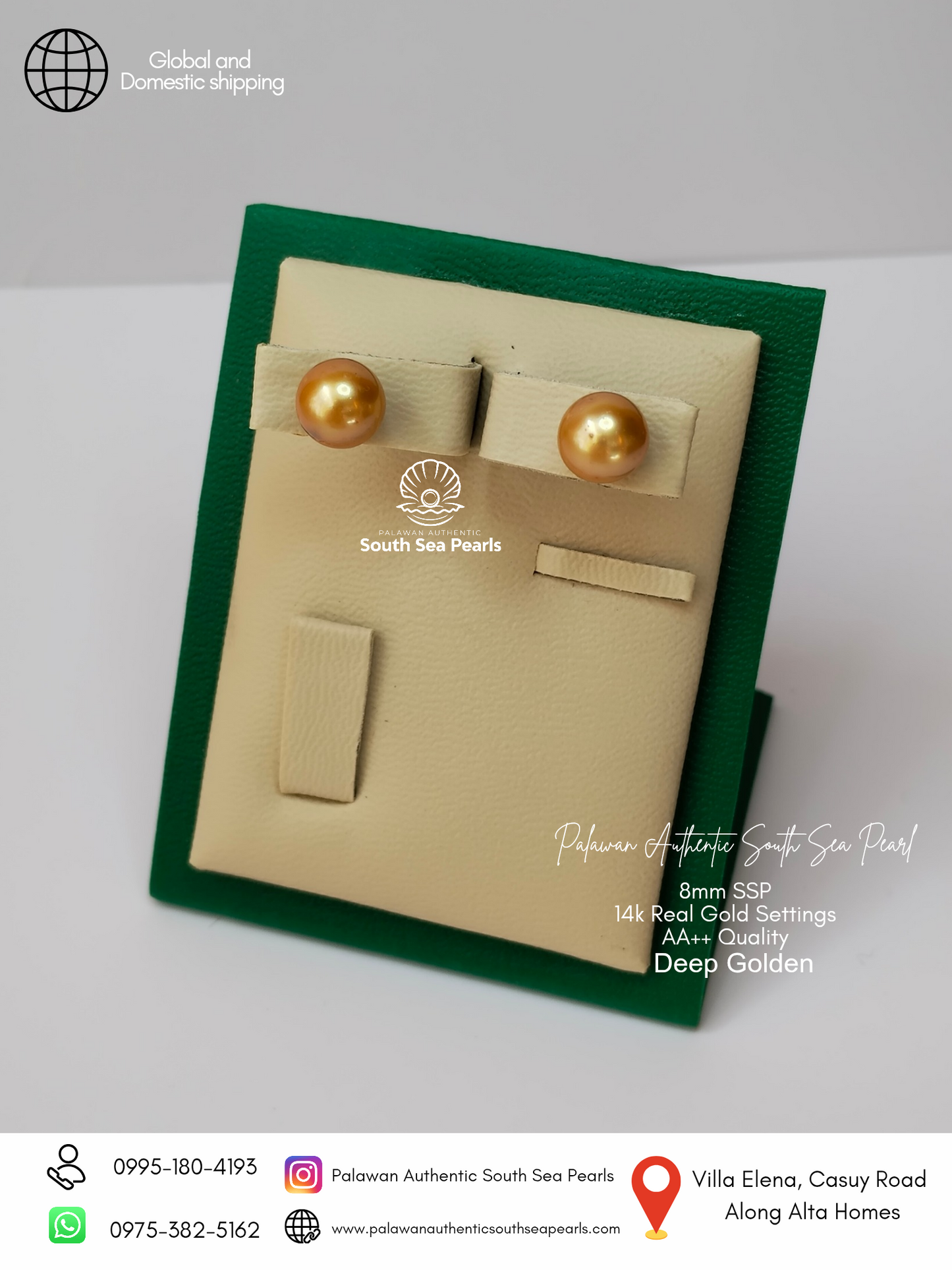8mm Palawan Authentic Deep Golden Color South Sea Pearl Earrings in 14k Real Gold Settings