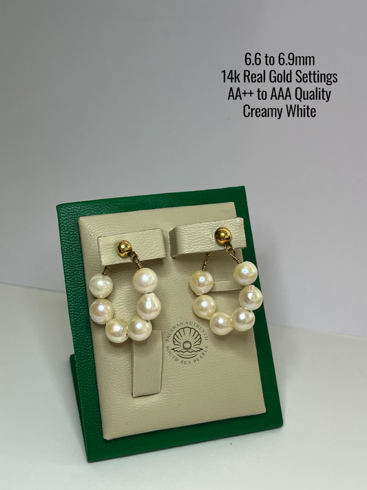 6.6 to 6.9mm Palawan Authentic Creamy White Color South Sea Pearl in 14k Real Gold Settings