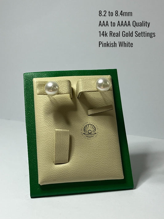 8.2 to 8.4mm Palawan Authentic Pinkish White Color South Sea Pearl Earrings  in 14k Real Gold Settings