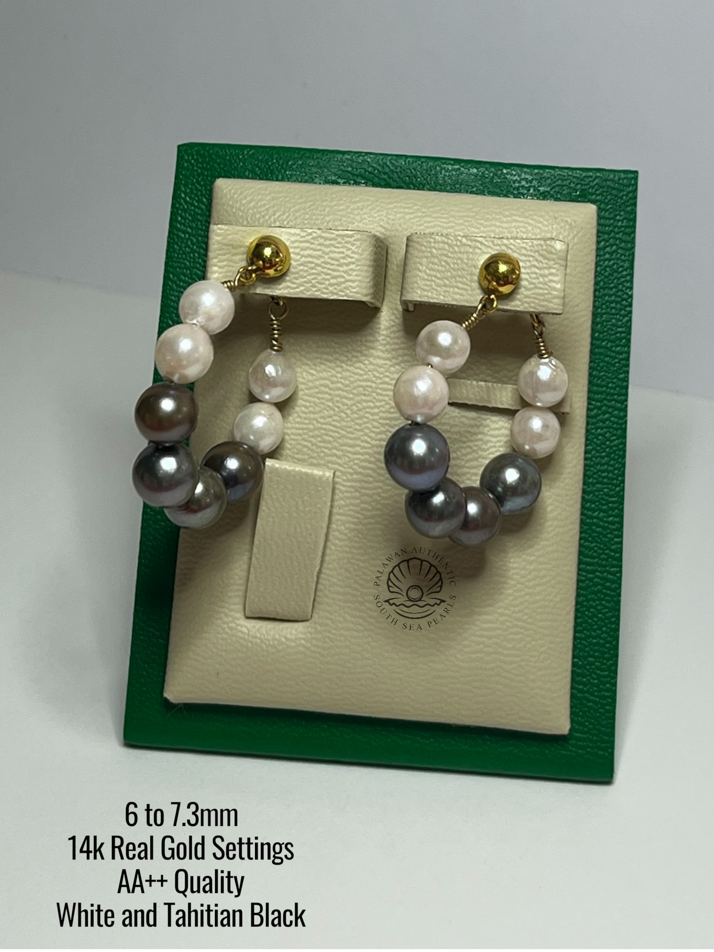 6 to 7.3mm Palawan Authentic White and Tahitian Black Color South Sea Pearl in 14k Real Gold Settings