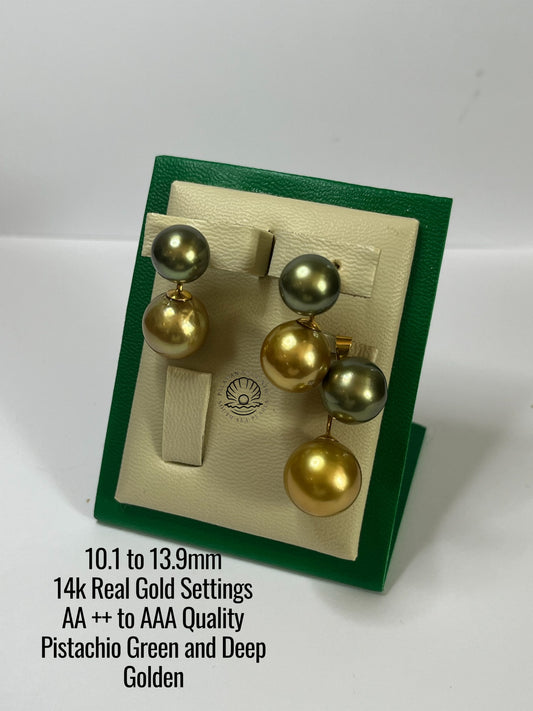 10.1 to 13.9mm Palawan Authentic Pistachio Green and Deep Golden  Color South Sea Pearl Sets in 14k Real Gold Settings