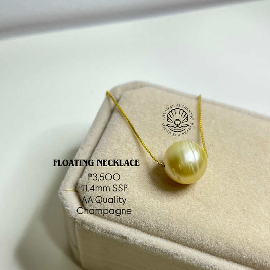 New Arrival! 11.4mm Palawan Authentic Champagne Color South Sea Pearl Floating Necklace in s925 Settings
