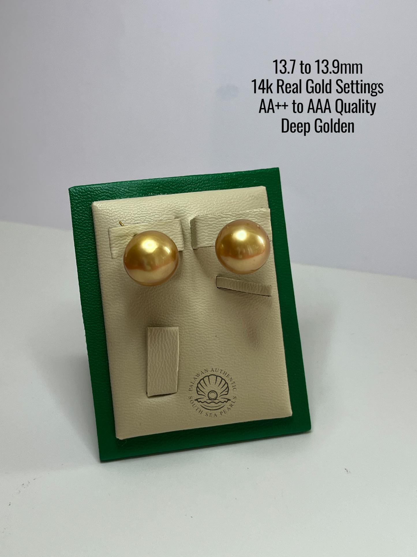 13.7 to 13.9mm Palawan Authentic Deep Golden Color South Sea Pearl in 14k Real Gold Settings