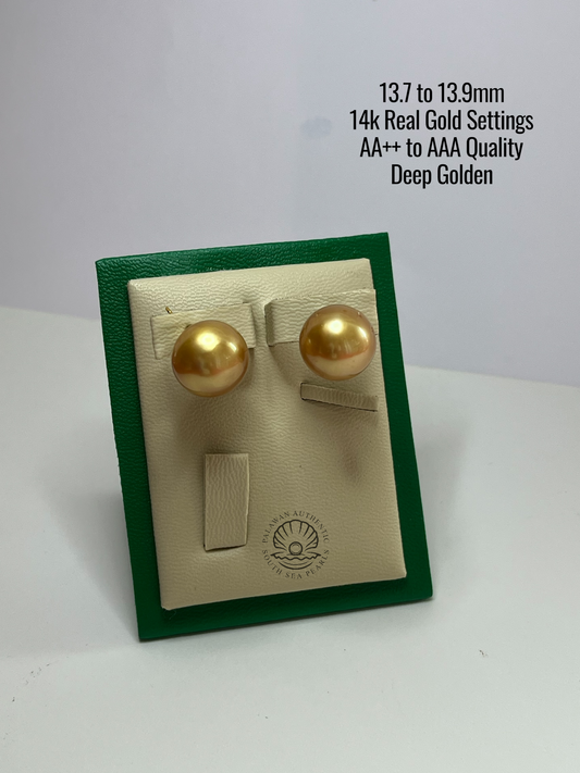 13.7 to 13.9mm Palawan Authentic Deep Golden Color South Sea Pearl in 14k Real Gold Settings