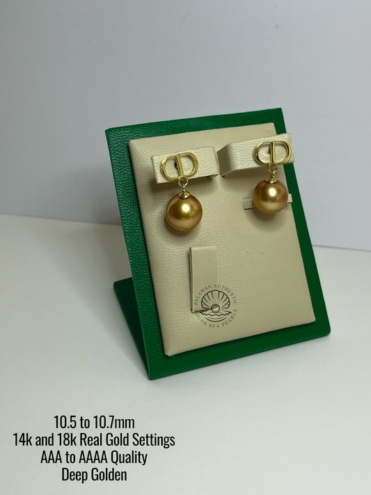 10.5 to 10.7mm Palawan Authentic Deep Golden Color South Sea Pearl in 14k and 18k Real Gold Settings