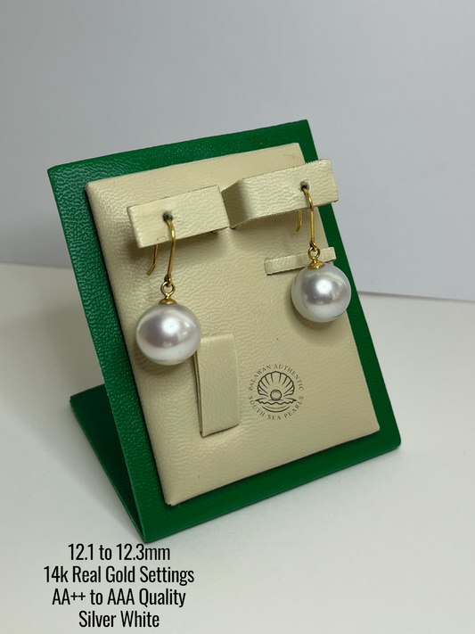 12.1 to 12.3mm Palawan Authentic Silver White Color South Sea Pearl in 14k Real Gold Settings