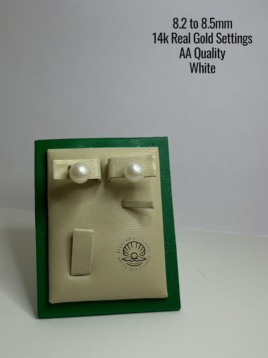 8.2 to 8.5mm Palawan Authentic White Color South Sea Pearl Earrings in 14k Real Gold Settings