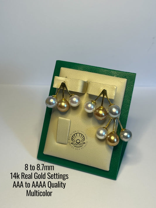 8 to 8.7mm Palawan Authentic Multicolor South Sea Pearl Sets in 14k Real Gold Settings
