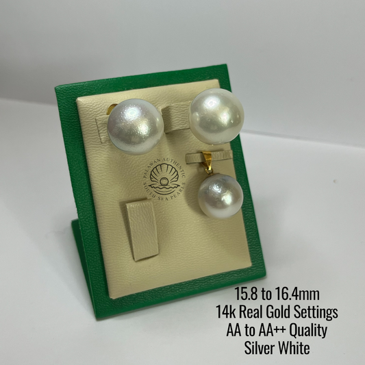 15.8 to 16.4mm Palawan Authentic Silver White Color South Sea Pearl Sets in 14k Real Gold Settings