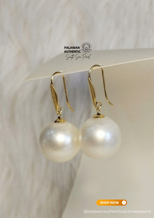 16.1 to 16.3mm Palawan Authentic White Color South Sea Pearl Earrings in 14k Real Gold Settings