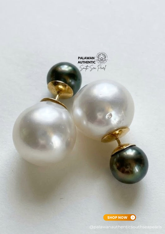 7.7 to 12.8mm Palawan Authentic Dark Green and White Color South Sea Pearl Earrings in 14k Real Gold Settings