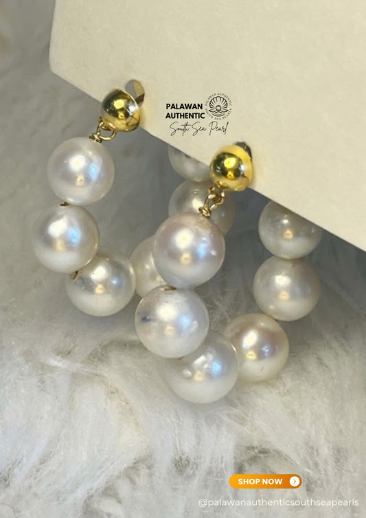 8mm to 8.5mm Palawan Authentic White Color South Sea Pearl Earrings in 14k Real Gold Settings
