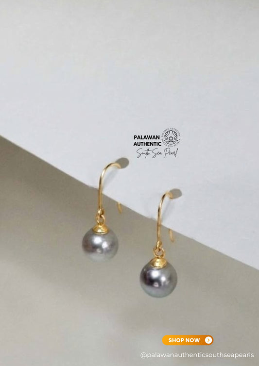 8 to 8.1mm Palawan Authentic Silver White Color South Sea Pearl Earrings in 14k Real Gold Settings