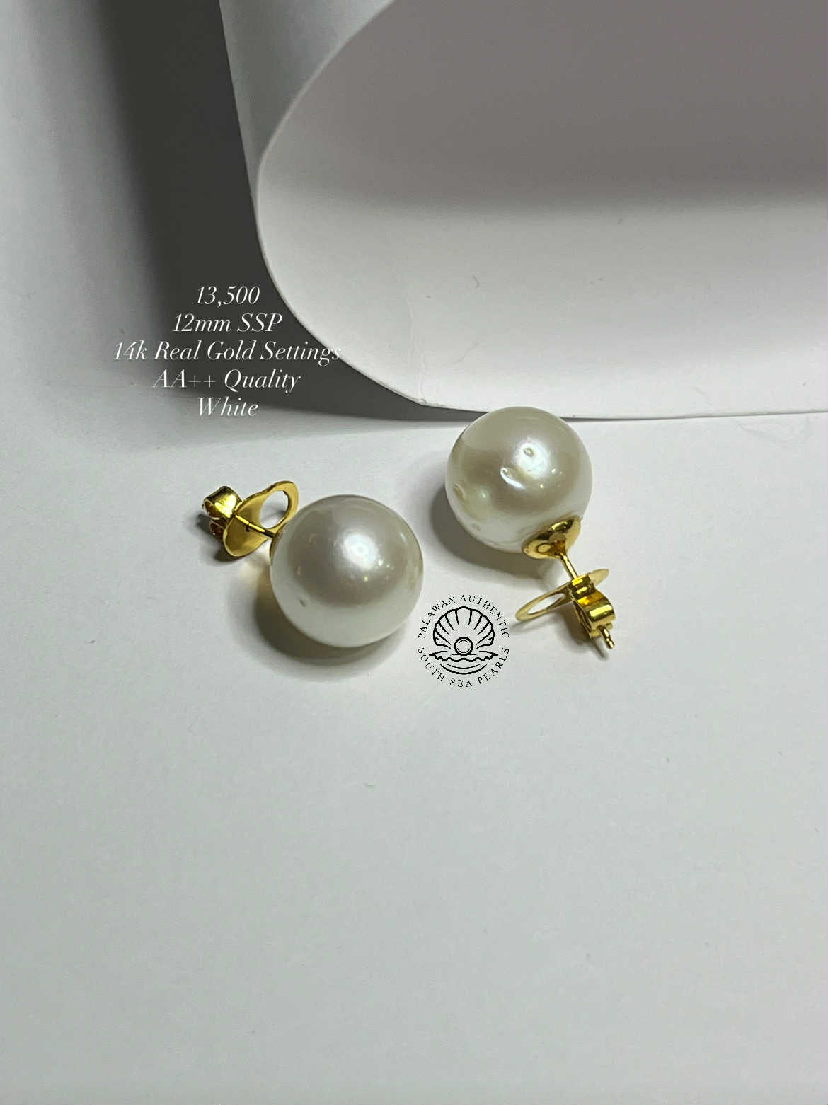 New Arrival! 12mm Palawan Authentic White South Sea Pearl Earrings in 14k Real Gold Settings