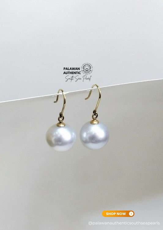 12.1 to 12.3mm Palawan Authentic Silver White Color South Sea Pearl Earrings in 14k Real Gold Settings