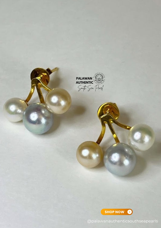 7.6mm to 10mm Palawan Authentic Multicolor South Sea Pearl Earrings in 14k Real Gold Settings