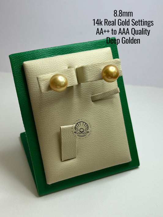 8.8mm Palawan Authentic Deep Golden Color South Sea Pearl Earrings in 14k Real Gold Settings