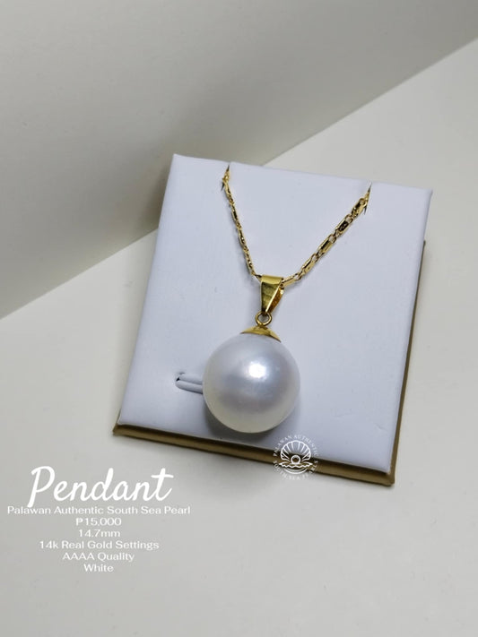 14.7mm Palawan Authentic White South Sea Pearl Pendant in 14k Real Gold Settings