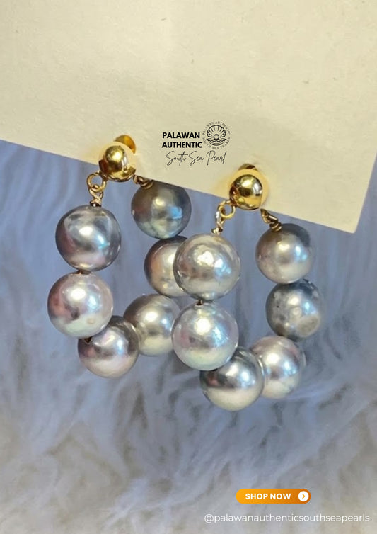 8.1 to 8.8mm Palawan Authentic Silver Bluish Color South Sea Pearl Earrings in 14k Real Gold Settings