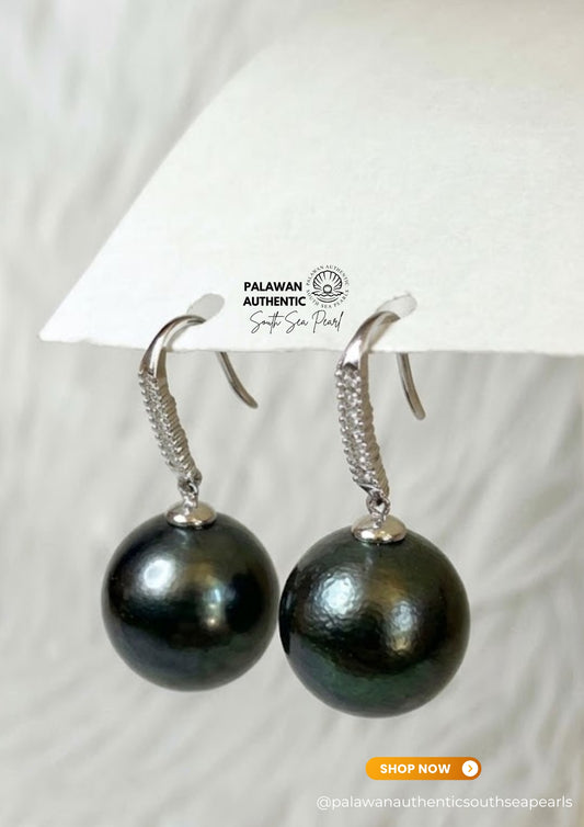13.6mm Palawan Authentic Tahitian Black Color South Sea Pearl in 18k Real Gold and Diamonds