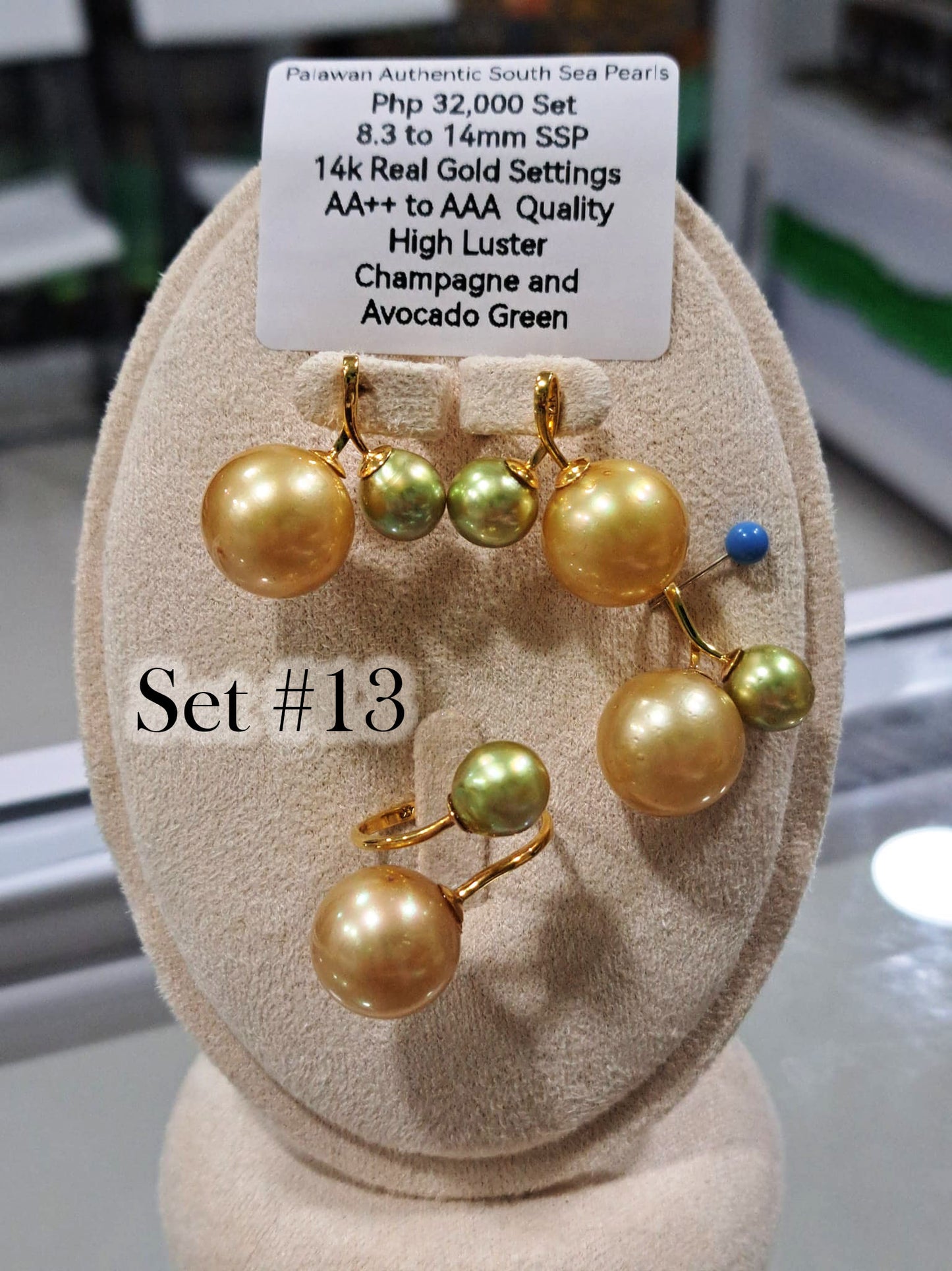 8.3mm - 14mm Authtentic South Sea Pearls Champagne & Avocado Green Color Set in 14K Gold