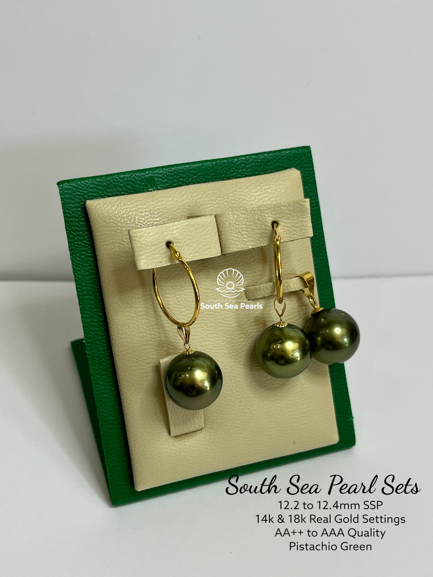 12.2 to 12.4mm Palawan Authentic Pistachio Green Color South Sea Pearl Sets in 14k and 18k Real Gold Settings