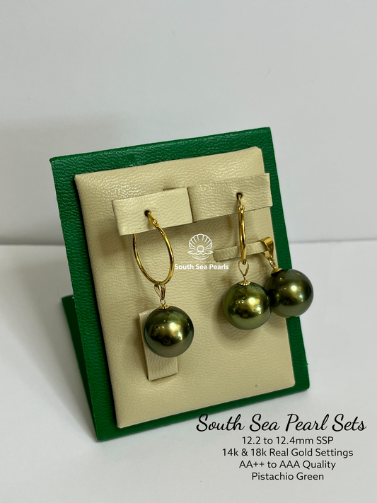 12.2 to 12.4mm Palawan Authentic Pistachio Green Color South Sea Pearl Sets in 14k and 18k Real Gold Settings