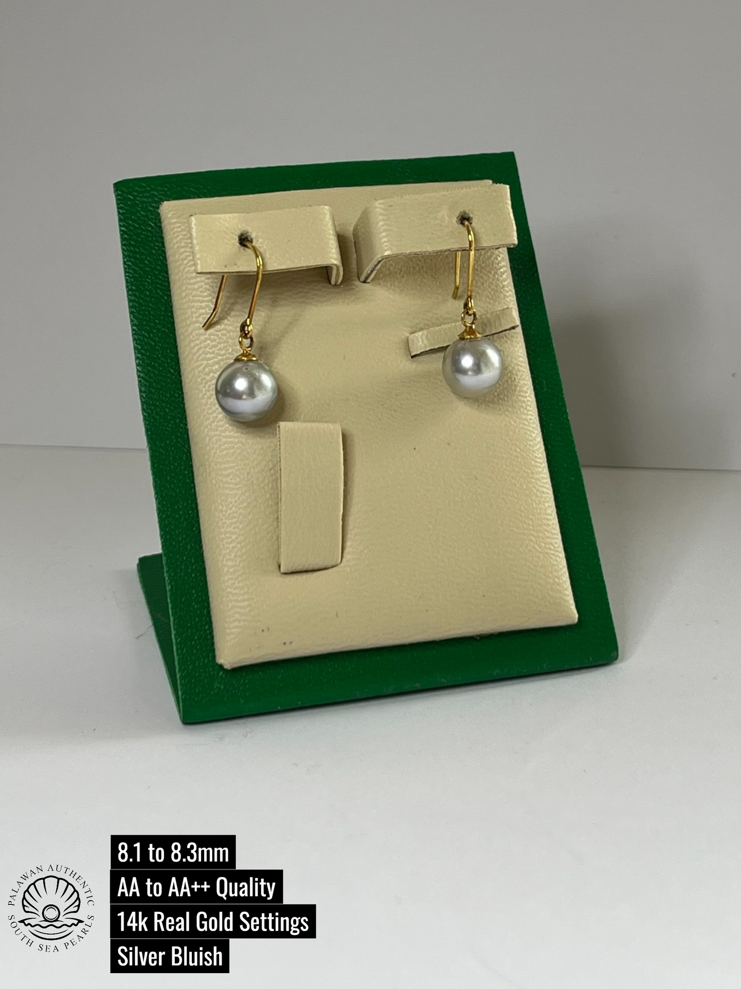 8.1 to 8.3mm Palawan Authentic Silver Bluish Color South Sea Pearl Earrings in 14k Real Gold Settings