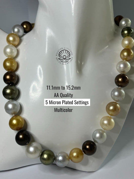 11.1 to 15.2mm Palawan Authentic Multicolor South Sea Pearl Choker in 5 Micron Lock Settings