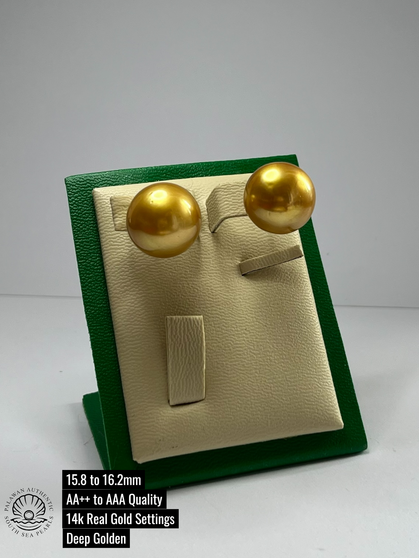 15.8 to 16.2mm Palawan Authentic Deep Golden Color South Sea Pearl Earrings in 14k Real Gold Settings