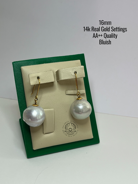 16mm Palawan Authentic Bluish Color South Sea Pearl in 14k Real Gold Settings