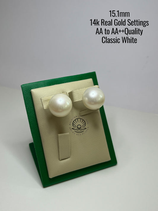 15.1mm Palawan Authentic Classic White Color South Sea Pearl Earrings in 14k Real Gold Settings
