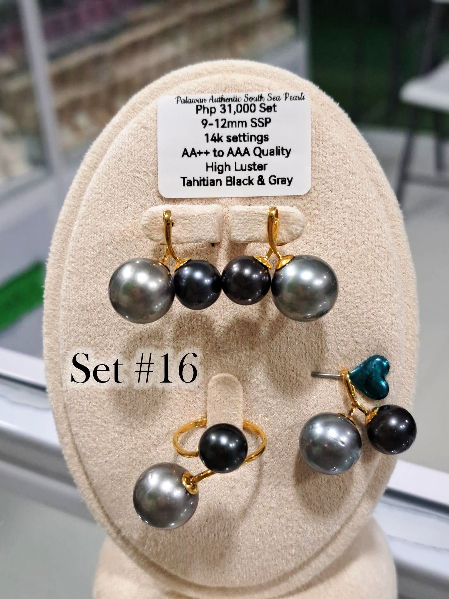 9mm - 12mm  Authentic South Sea Pearls Color Tahitian Black & Gray Set in 14K Gold