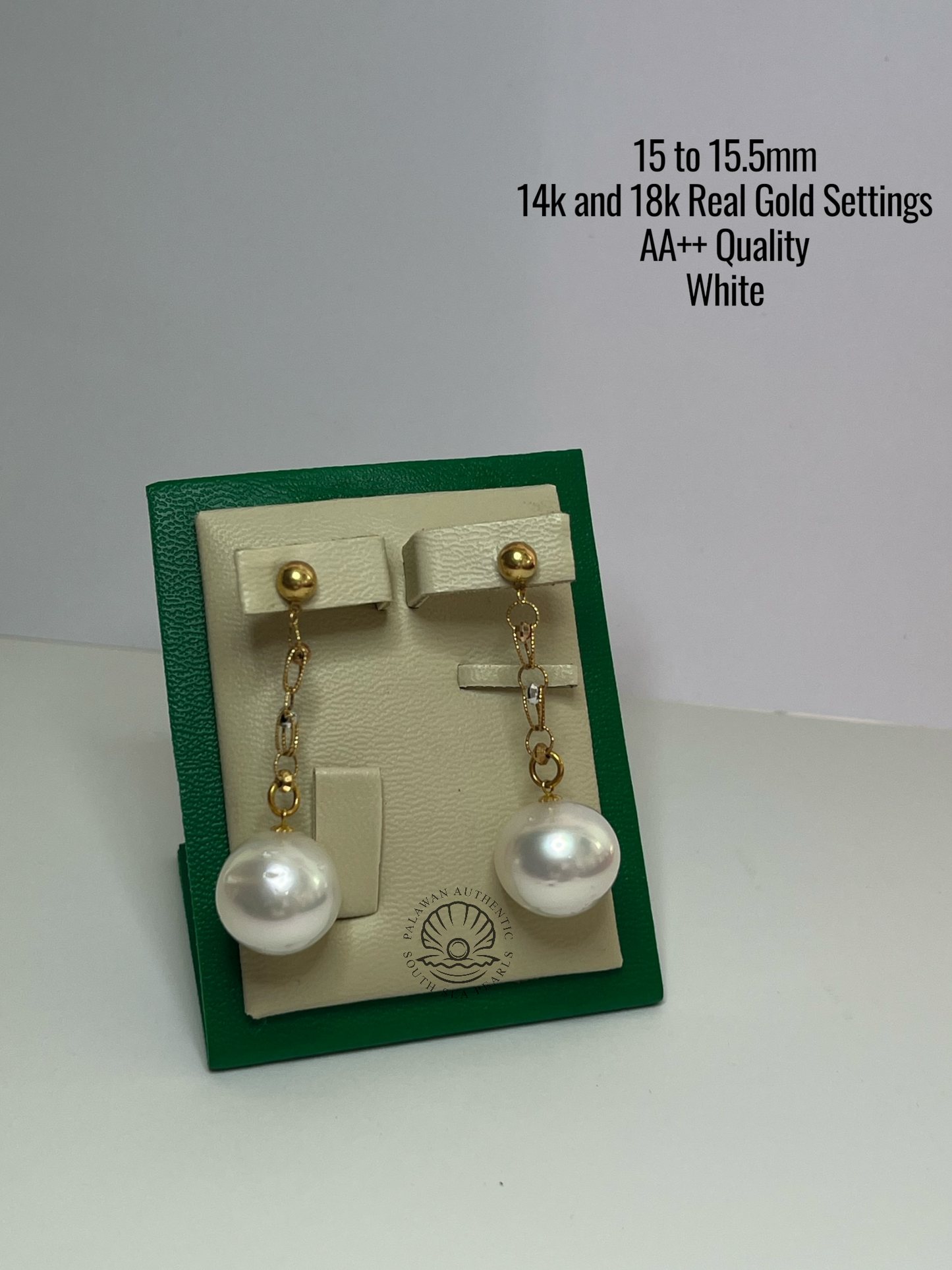15 to 15.5 Palawan Authentic White Color South Sea Pearl in 14k and 18k Real Gold Settings