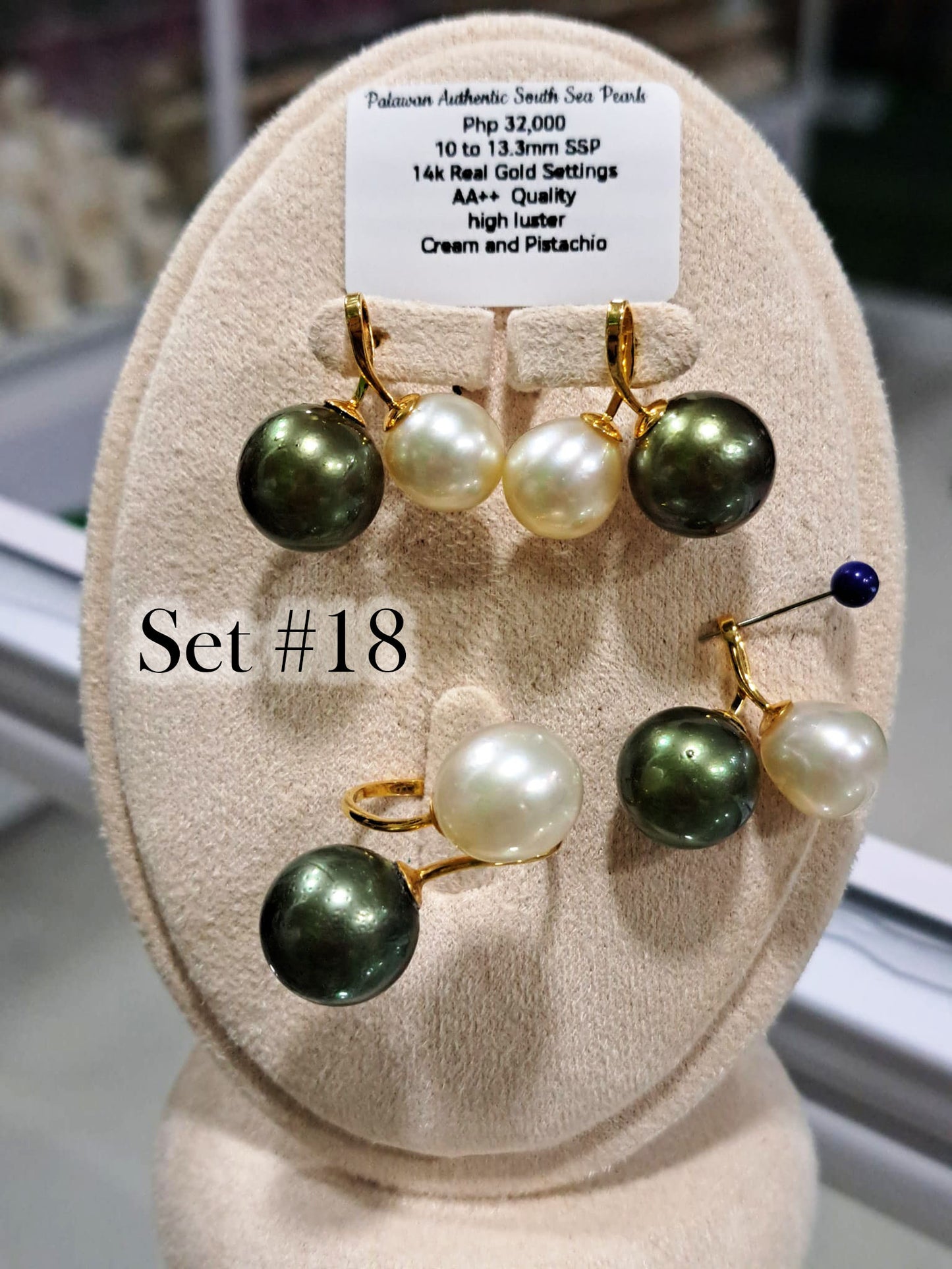 10mm to 13.3mm Authentic South Sea Pearls Color Creamy & Pistachio Green Set in 14K Gold