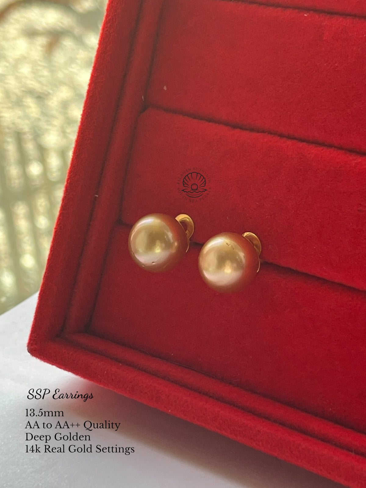 13.5mm Palawan Authentic Deep Golden Color South Sea Pearl Earrings in 14k Real Gold Settings