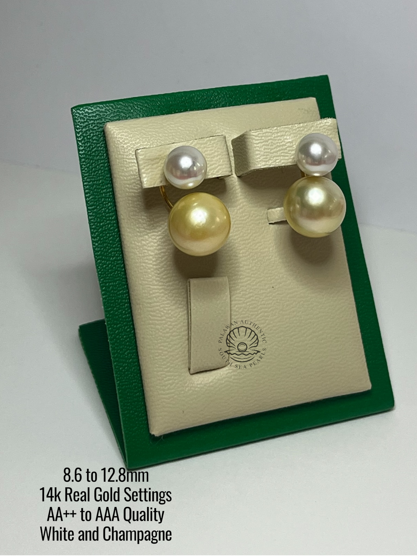 8.6 to 12.8mm Palawan Authentic White and Champagne Color South Sea Pearl in 14k Real Gold Settings