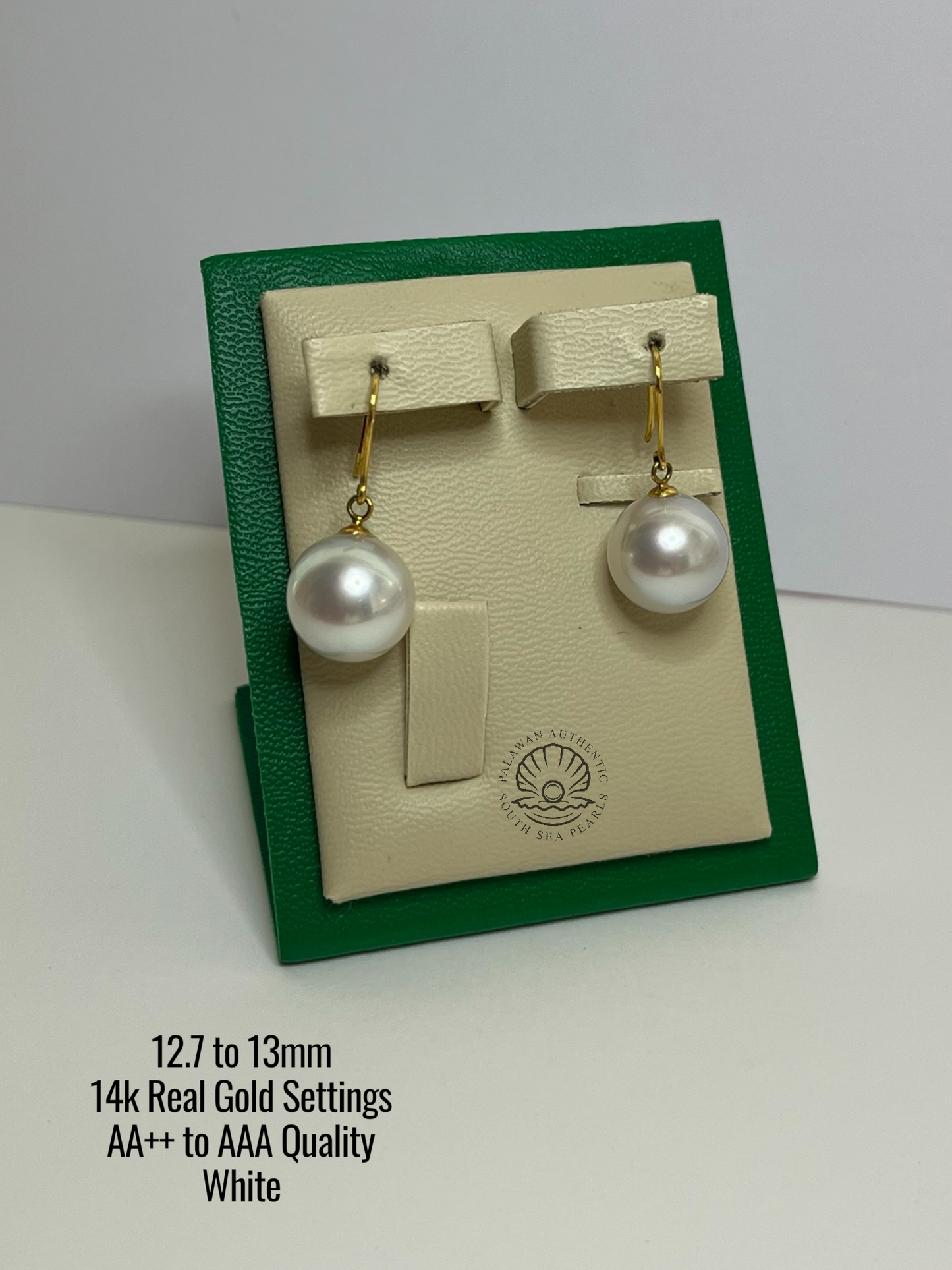 12.7 to 13.1mm Palawan Authentic White Color South Sea Pearl in 14k Real Gold Settings